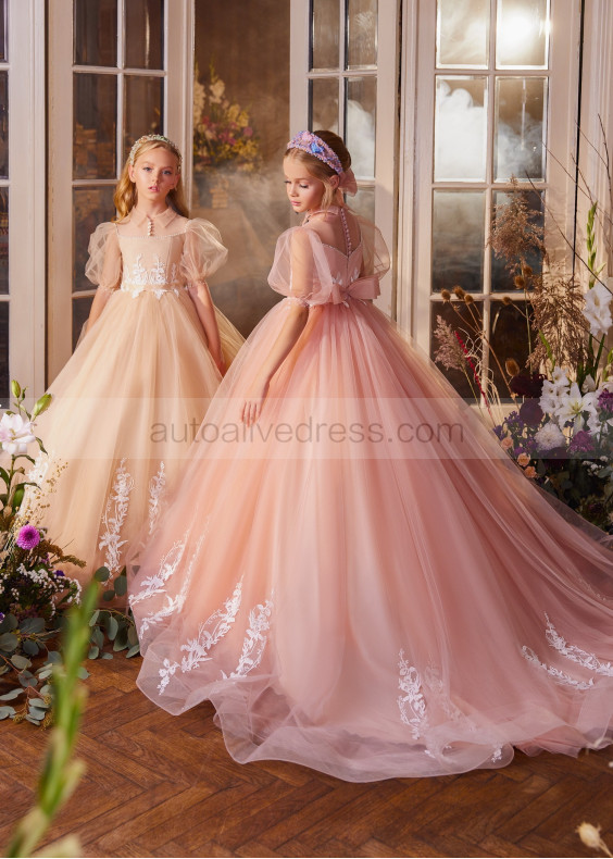 Puff Sleeves Beaded Lace Tulle Flower Girl Dress With Horsehair Hem